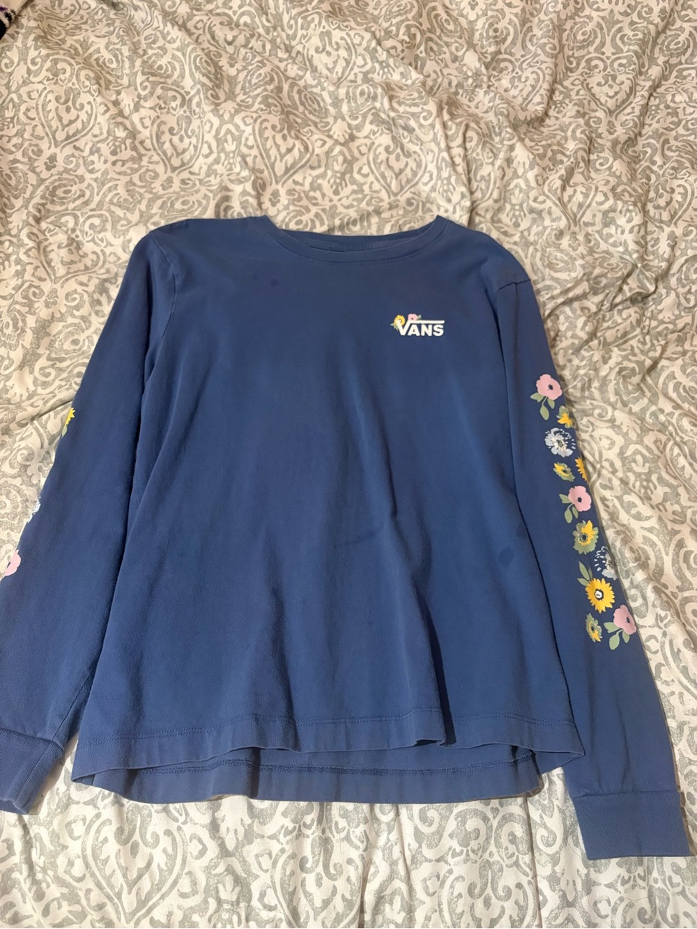 Vans Navy Blue Long Sleeve Tee with Floral Sleeve Details